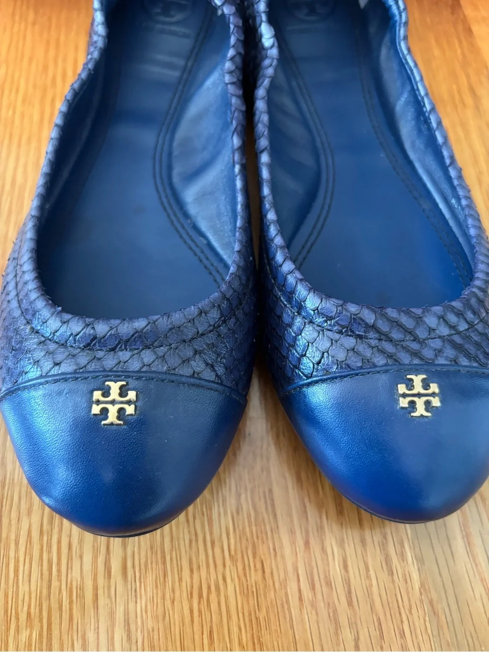 Tory Burch Metallic Blue Leather & Snakeskin Ballet Flats